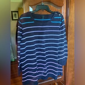 Talbot summer sweater. Multi color strips on navy background.